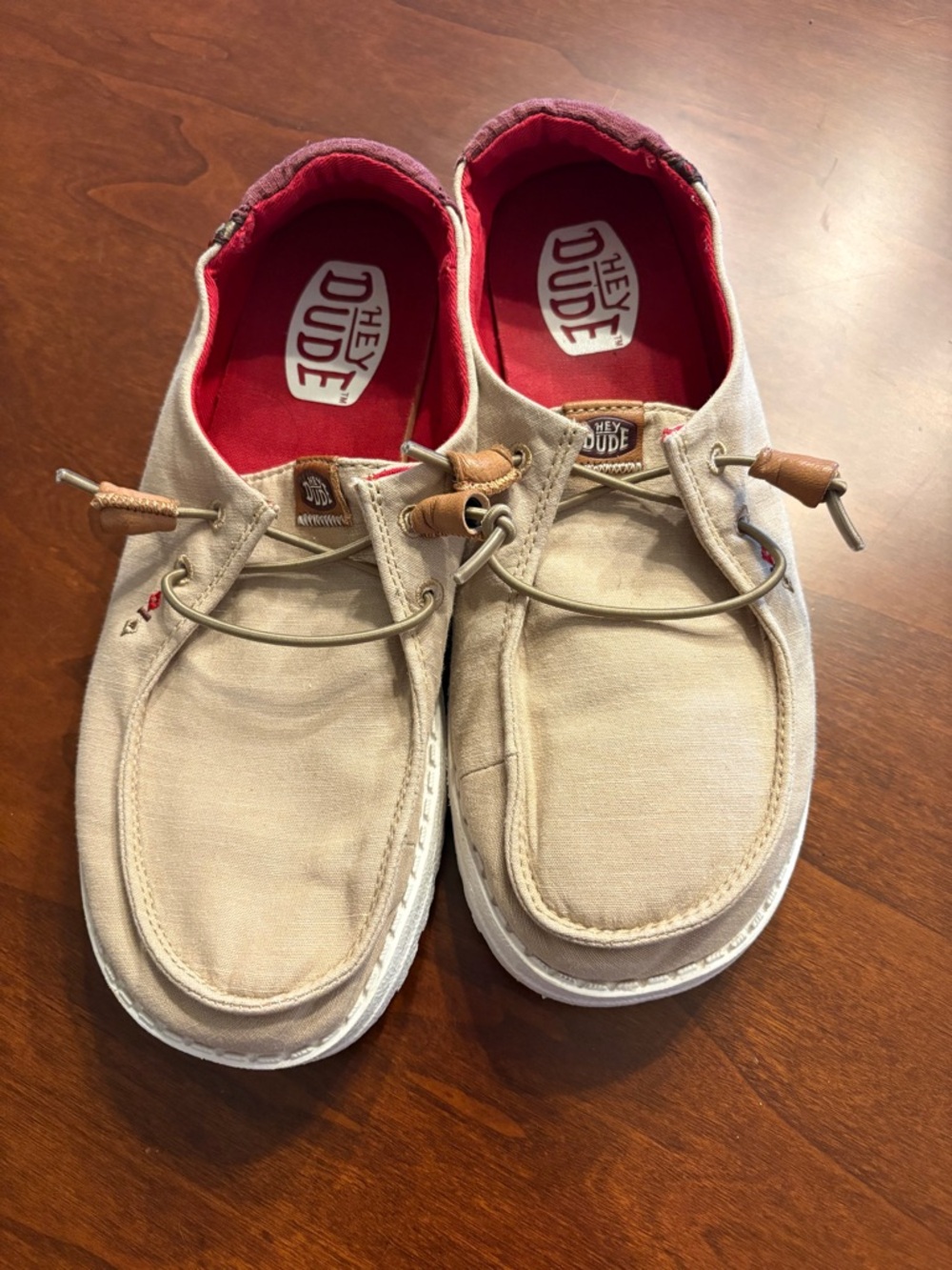 Hey Dude Women’s Beige Canvas Slip-On Loafers with Red Liner